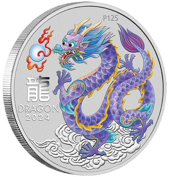 2024 Year of the Dragon 'Lilac Dragon' 1oz Silver Coloured Coin in Card - Sydney Money Expo