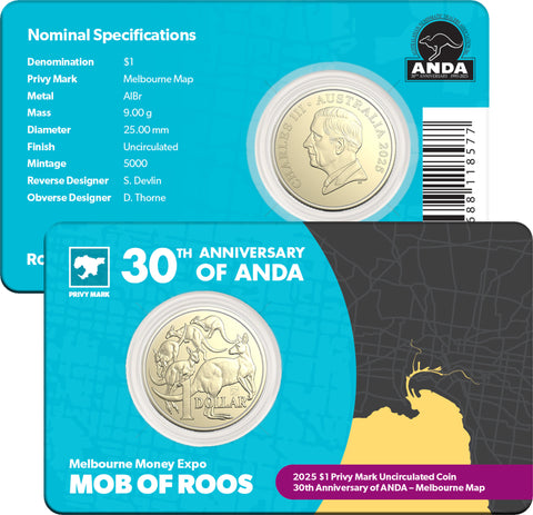 2025 Mob of Roos $1 with Melbourne Money Expo Privy Mark