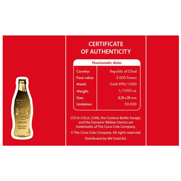 2023 Coca-Cola 3,000Fr 1/1000oz Bottle-Shaped Gold Coin in Card