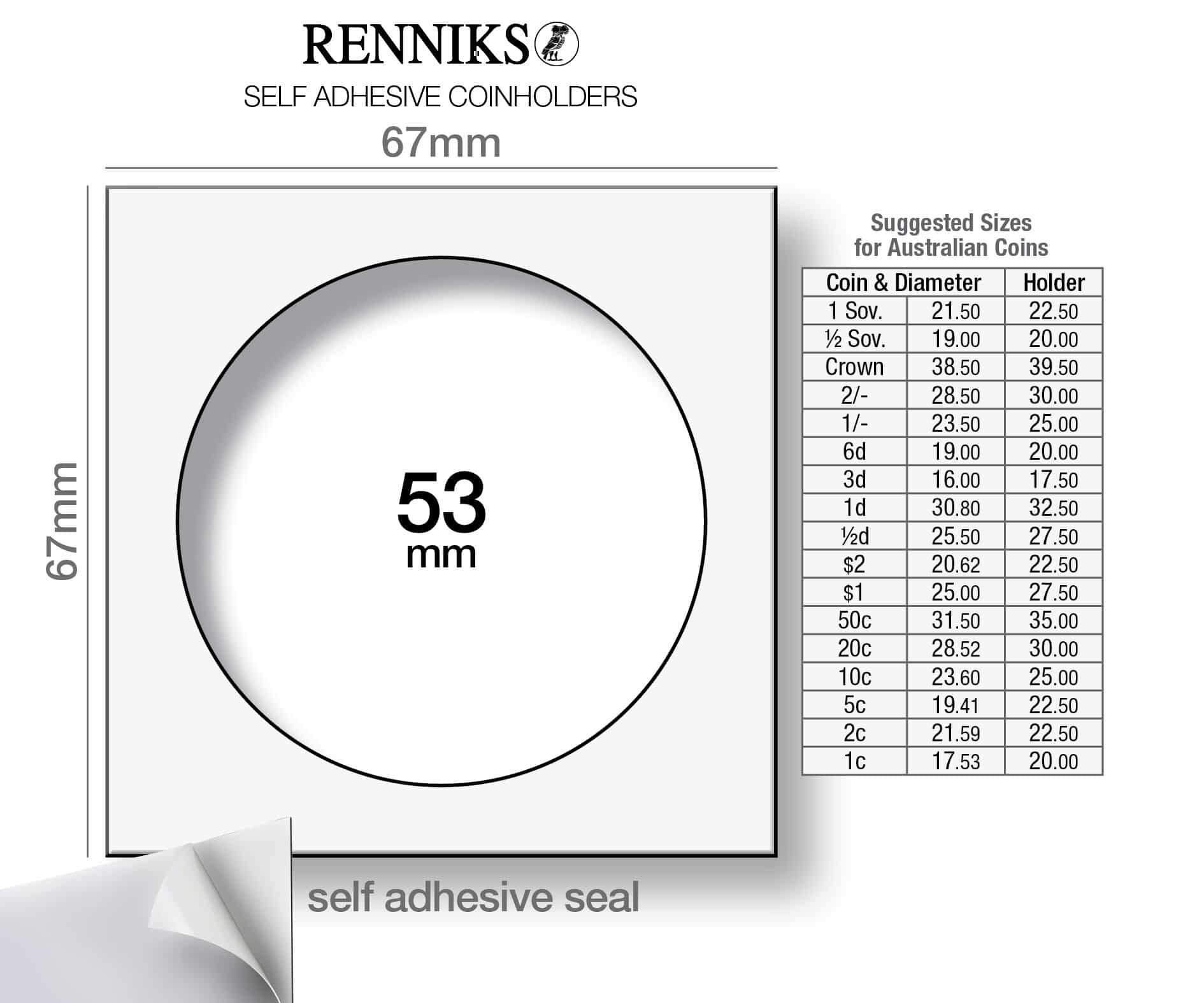 Coin Holders 67x67mm (Self-Adhesive) – Window Size 53mm (PK25)