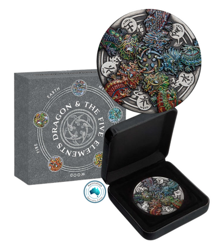 2024 Dragon and the Five Elements 5oz Silver Antiqued Coloured Coin