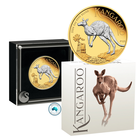 2024 Australian Kangaroo $2 Gold-plated 2oz Silver Brilliant Uncirculated Coin