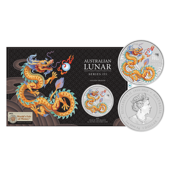 2024 Year of the Dragon 'Golden Dragon' 1oz Silver Coloured Coin in Card - ANA Show Special