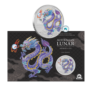 2024 Year of the Dragon 'Lilac Dragon' 1oz Silver Coloured Coin in Card - Sydney Money Expo