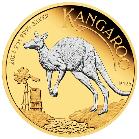 2024 Australian Kangaroo $2 Gold-plated 2oz Silver Brilliant Uncirculated Coin