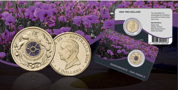 2024 Remembrance Day 'War Animals' $2 Purple Poppy Coin - Downies Pack