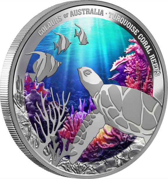 2024 Colours of Australia $1 Turquoise Coral Reefs 1oz Silver Proof Coin