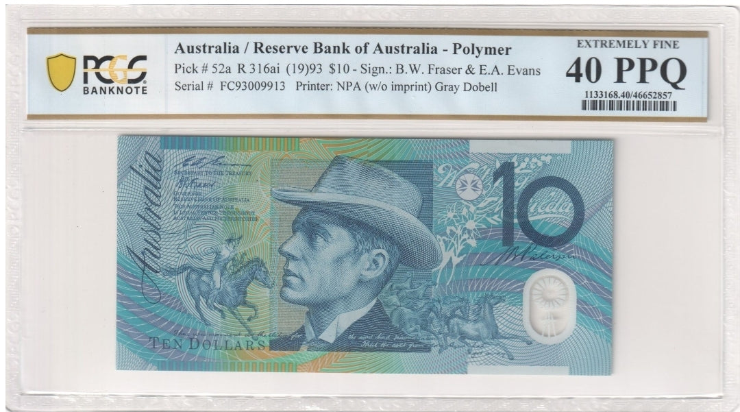 1993 Australia $10 Banknote Fraser/Evans (Gray Dobell) Extremely Fine 40 PPQ