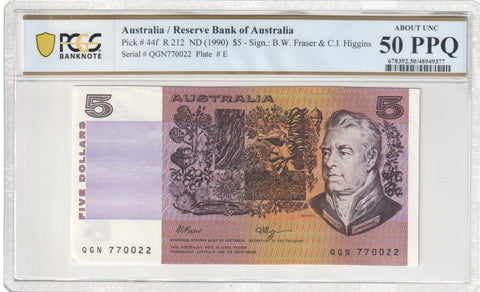 1990 Australia $5 Banknote Fraser/Higgins Choice About Uncirculated 50 PPQ