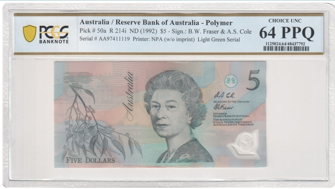 1992 Australia $5 Banknote Fraser/Cole Choice UNC 64 PPQ