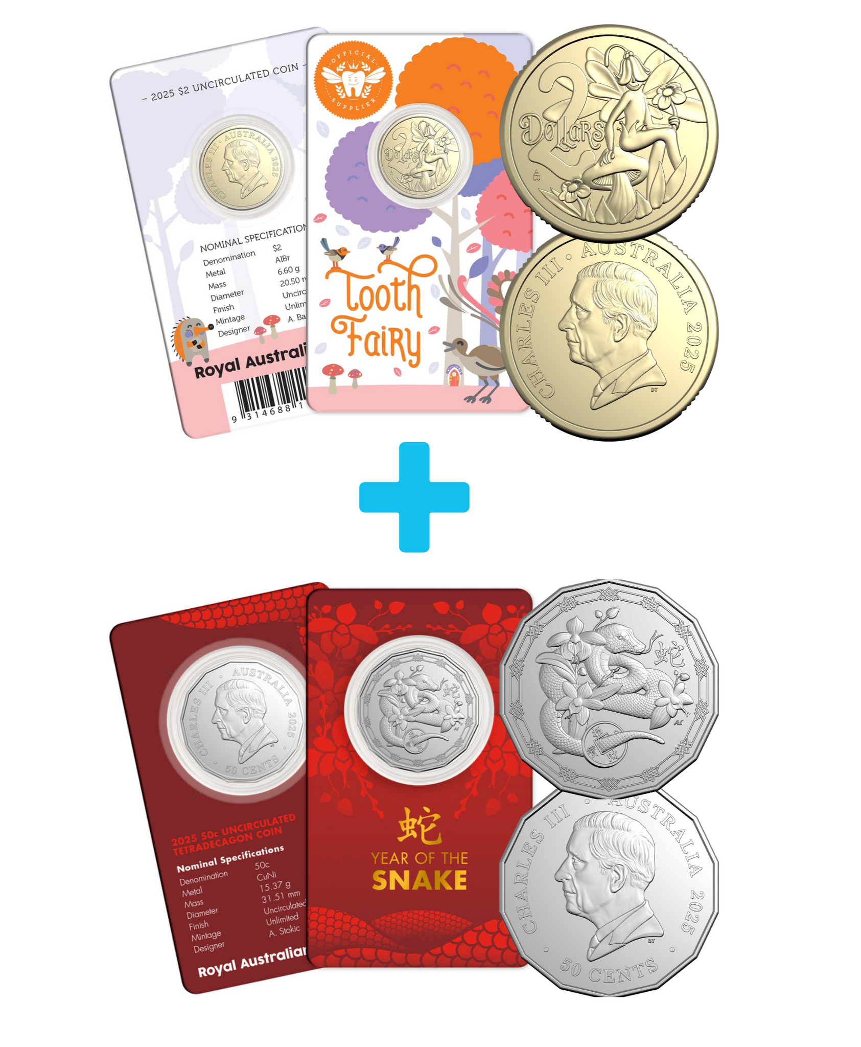 Bundle Deal: 2025 Tooth Fairy Two Dollar Coin on Card + 2025 Year of the Snake 50c Coin on Card