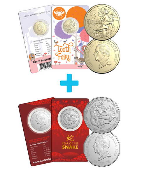 Bundle Deal: 2025 Tooth Fairy Two Dollar Coin on Card + 2025 Year of the Snake 50c Coin on Card