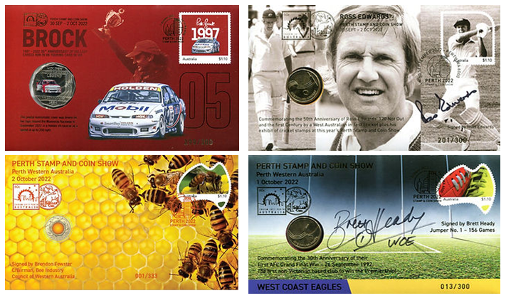 2022 Perth Stamp and Coin Show PNC Set of 4 (Ross Edwards, Brett Heady, Peter Brock, Beekeeping)