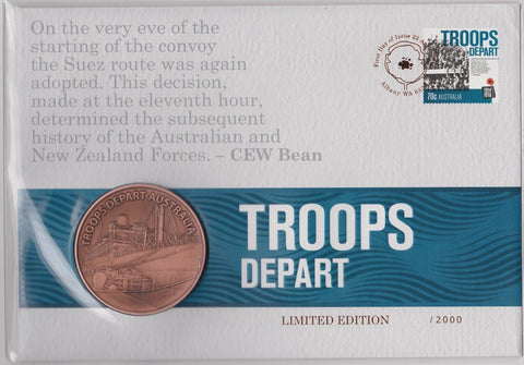 2014 ANZAC - Troops Depart Australia Stamp and Medallion Cover